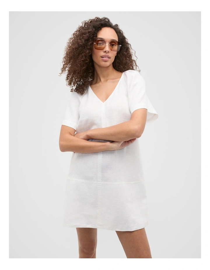 Linen V Neck Flutter Sleeve Mini Dress in Whisper White image 1