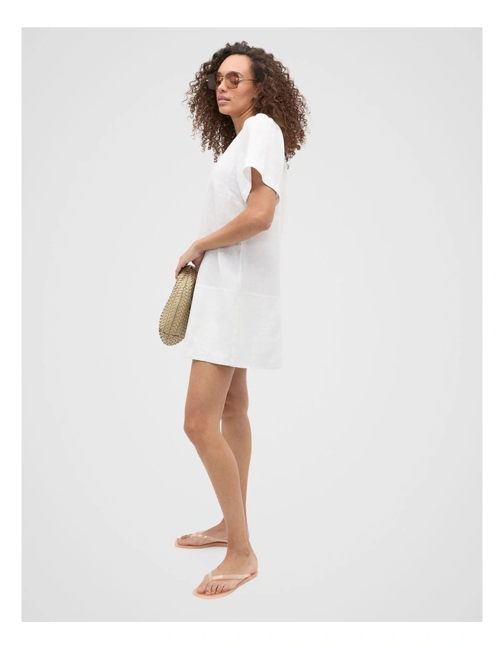Linen V Neck Flutter Sleeve Mini Dress in Whisper White image 3