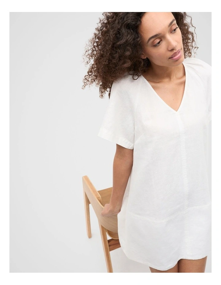 Linen V Neck Flutter Sleeve Mini Dress in Whisper White image 4