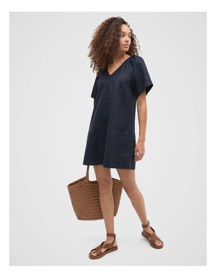 Linen V Neck Flutter Sleeve Mini Dress in Twilight Blue image 1
