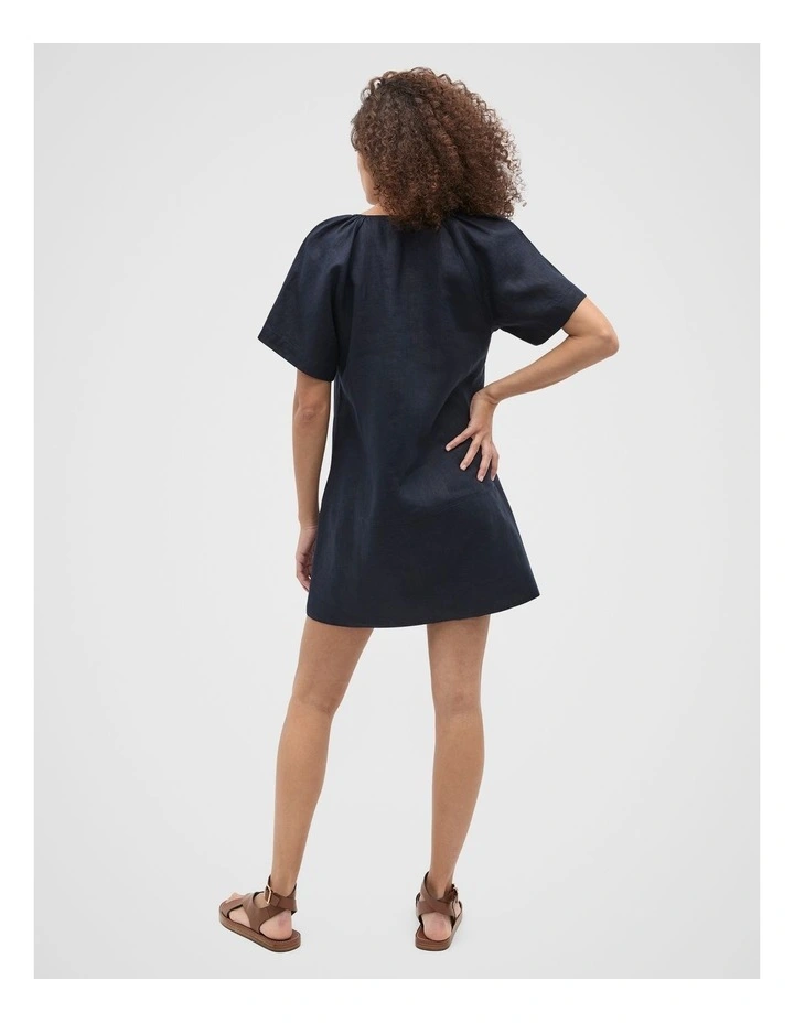 Linen V Neck Flutter Sleeve Mini Dress in Twilight Blue image 2