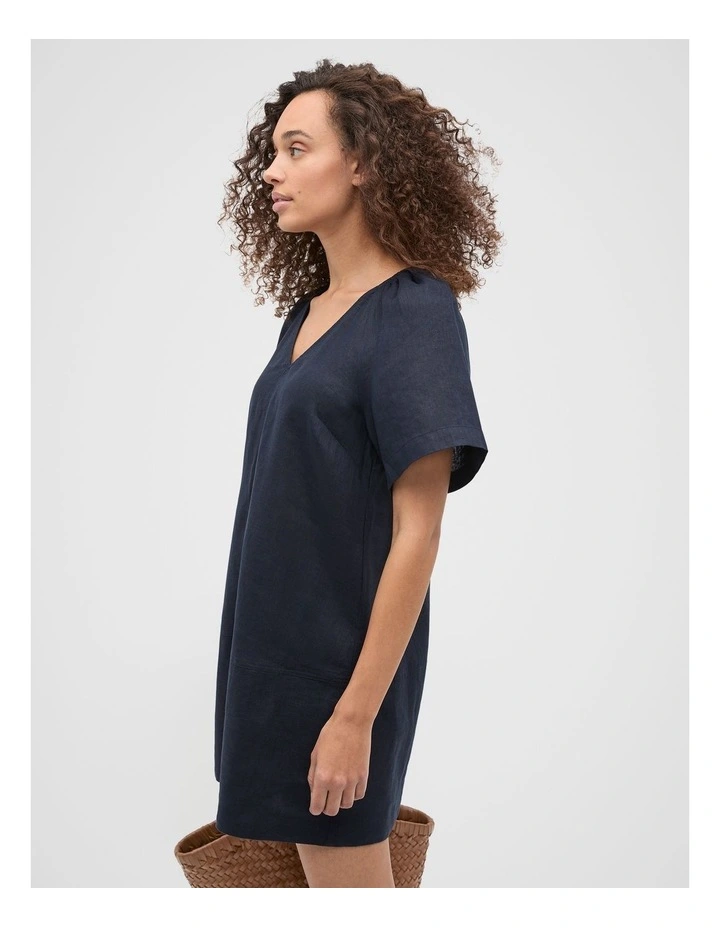 Linen V Neck Flutter Sleeve Mini Dress in Twilight Blue image 3