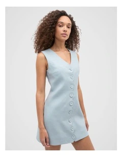 Linen Scallop Mini Dress in Bluebell