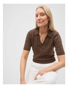 Cotton Wide Rib Polo Knit in Pinecone