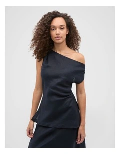 Linen Draped Shoulder Top in Twilight Blue