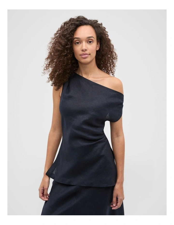 Linen Draped Shoulder Top in Twilight Blue image 1