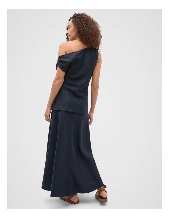 Linen Draped Shoulder Top in Twilight Blue image 2