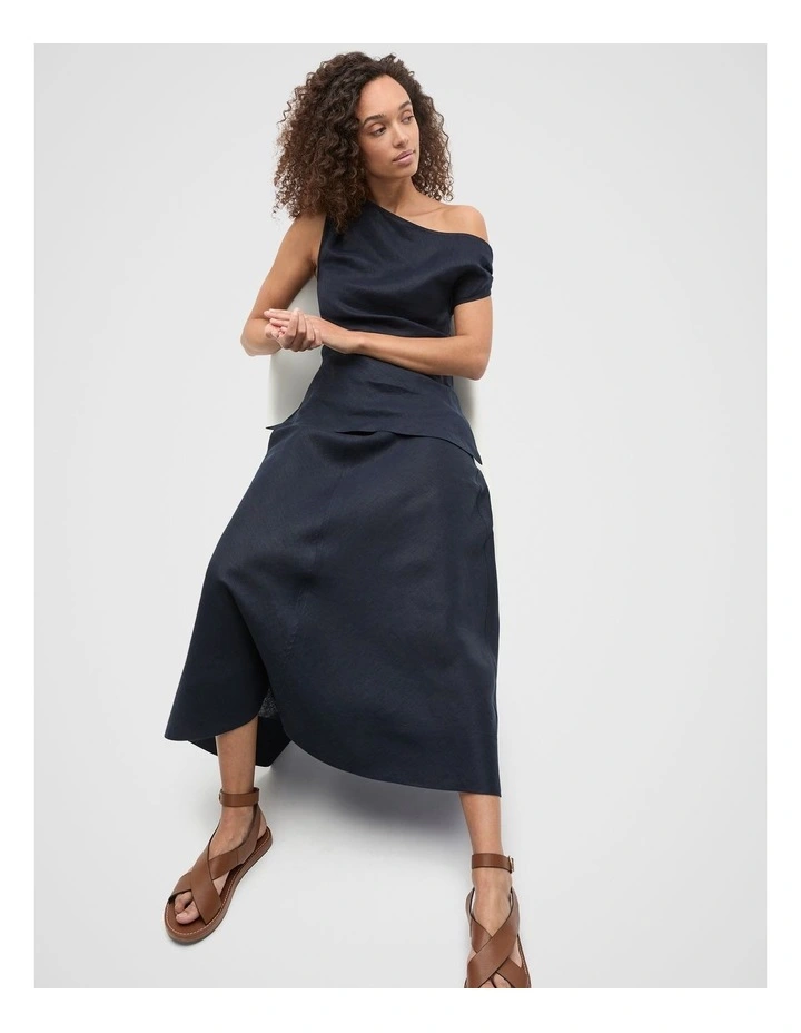 Linen Draped Shoulder Top in Twilight Blue image 3