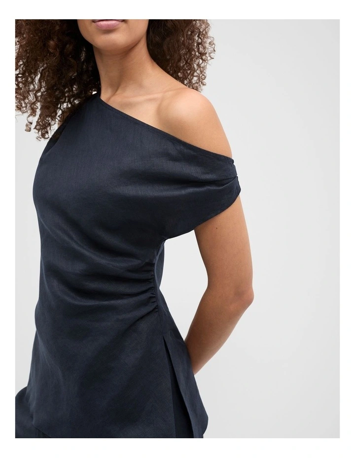 Linen Draped Shoulder Top in Twilight Blue image 4