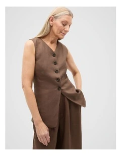 Linen Longline Button Vest in Pinecone