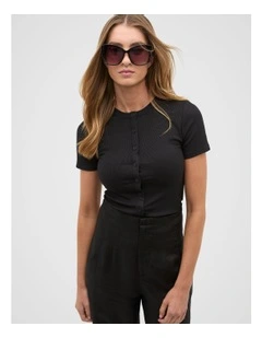 Rib Button Through Top in Black