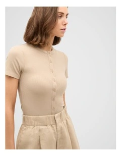 Rib Button Through Top in Iced Latte