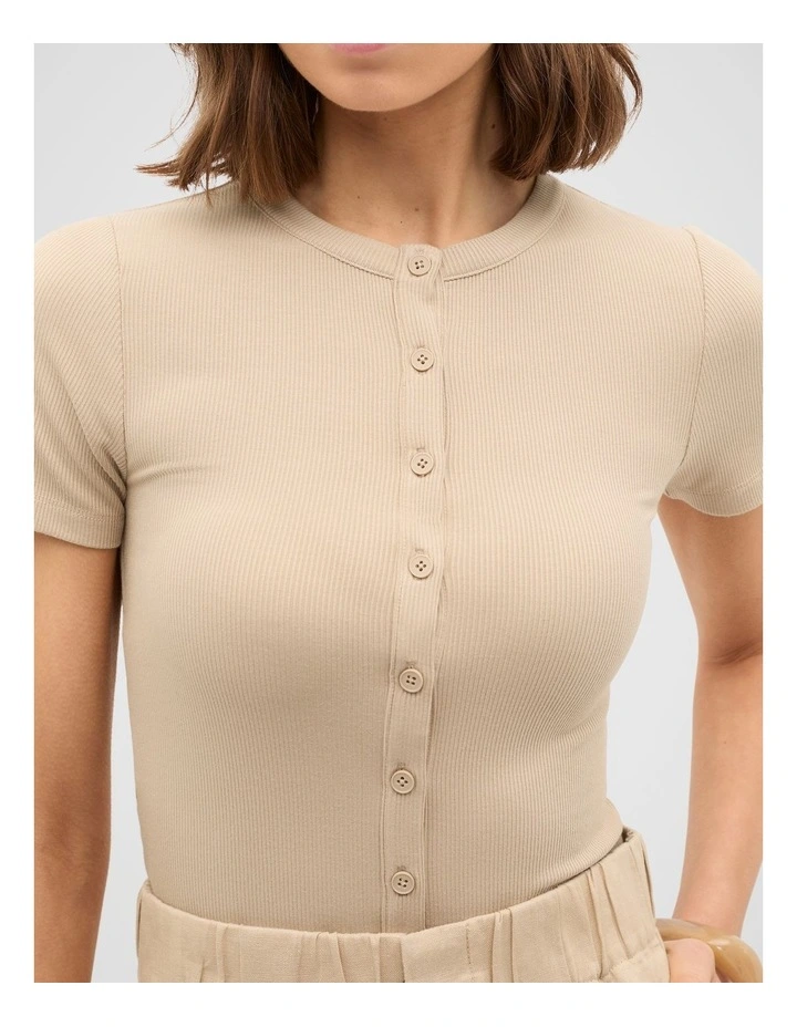 Rib Button Through Top in Iced Latte image 3