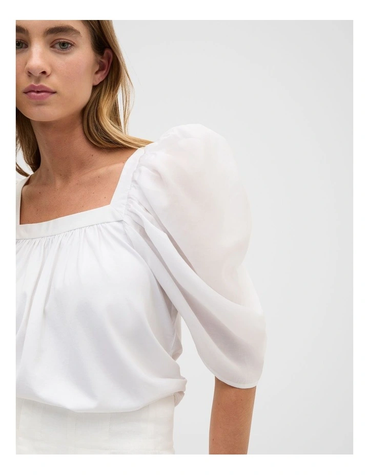 Square Neck Gathered Sleeve Top in Whisper White image 3