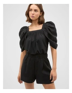 Square Neck Gathered Sleeve Top in Black