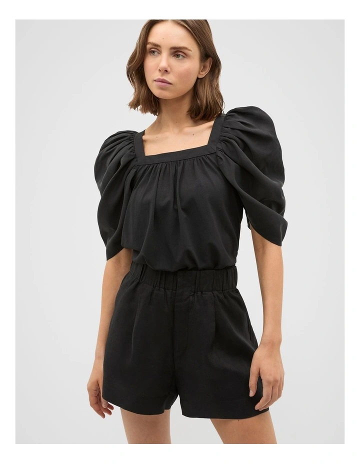 Square Neck Gathered Sleeve Top in Black image 1