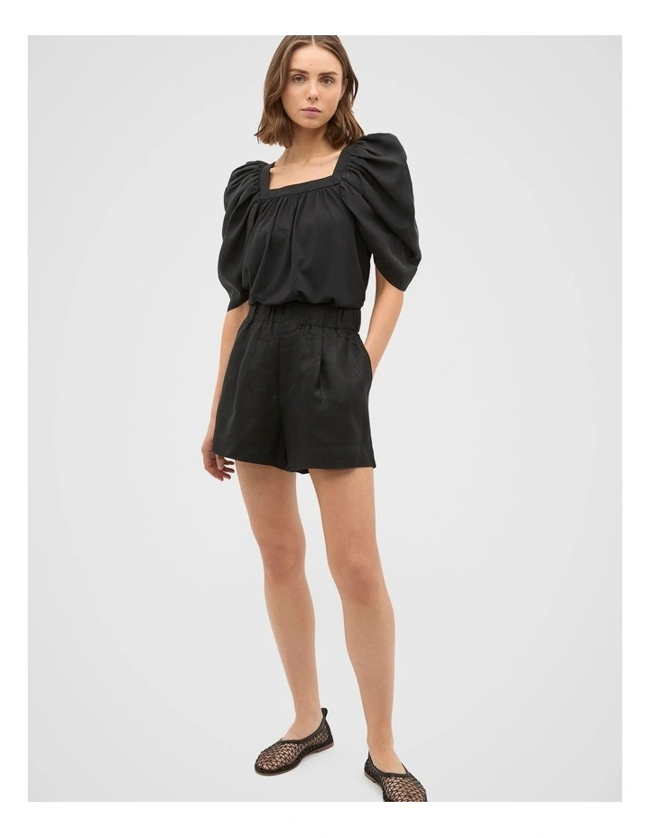 Square Neck Gathered Sleeve Top in Black image 3