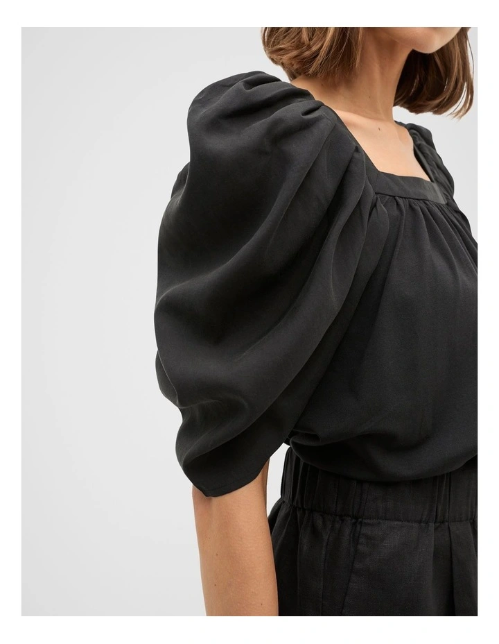 Square Neck Gathered Sleeve Top in Black image 4