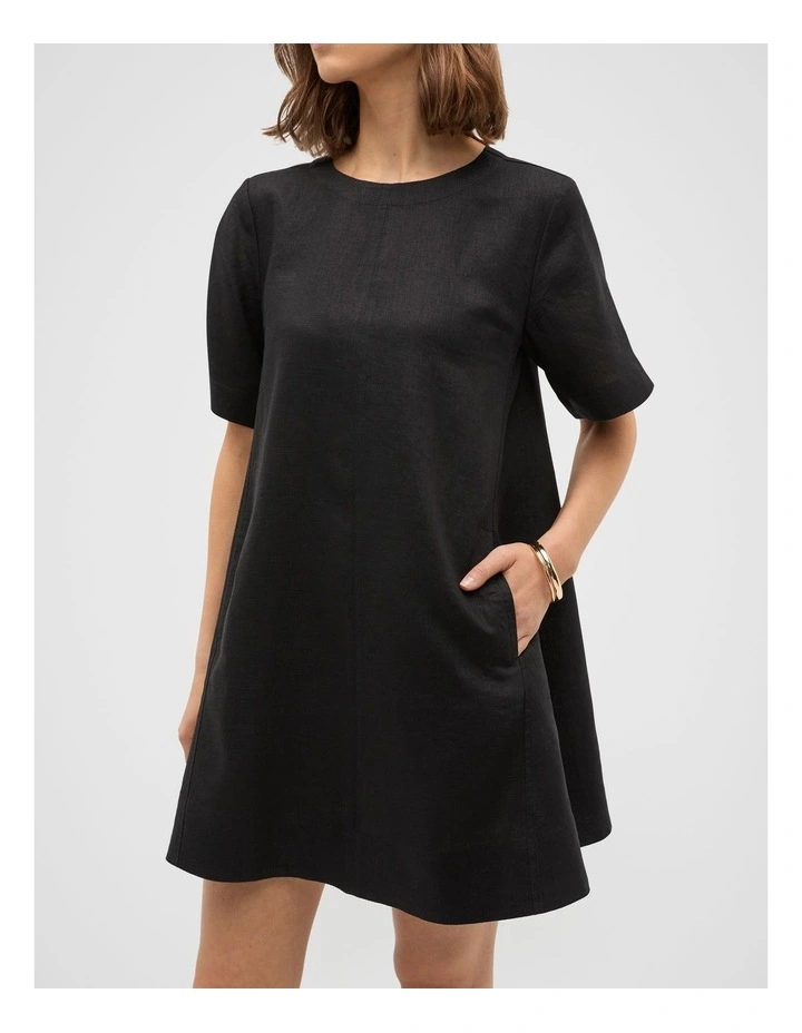 Linen Short Sleeve Mini Dress in Black image 3