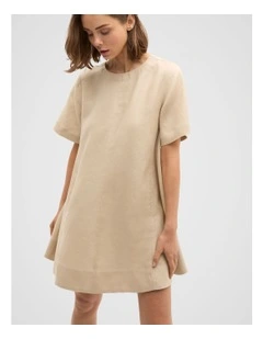 Linen Short Sleeve Mini Dress in Iced Latte