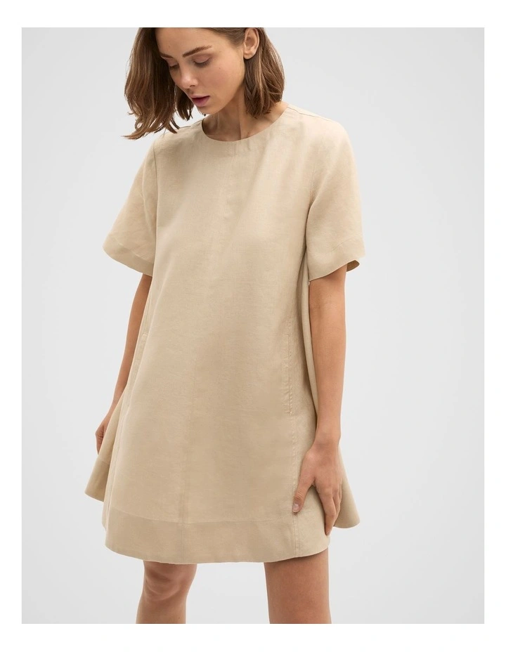 Linen Short Sleeve Mini Dress in Iced Latte image 1