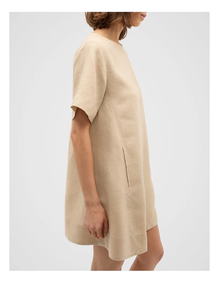 Linen Short Sleeve Mini Dress in Iced Latte image 3