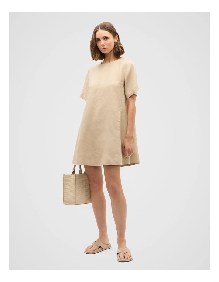 Linen Short Sleeve Mini Dress in Iced Latte image 4