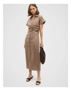 Linen Ruched Shirt Dress in Nutmeg