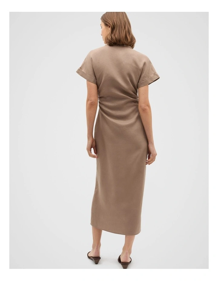 Linen Ruched Shirt Dress in Nutmeg image 2