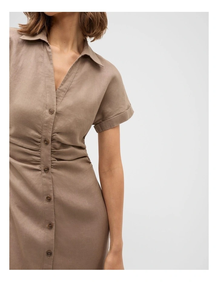 Linen Ruched Shirt Dress in Nutmeg image 3