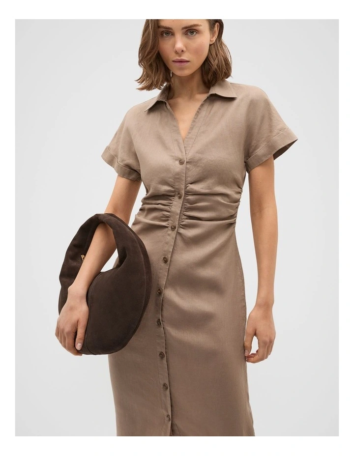 Linen Ruched Shirt Dress in Nutmeg image 4