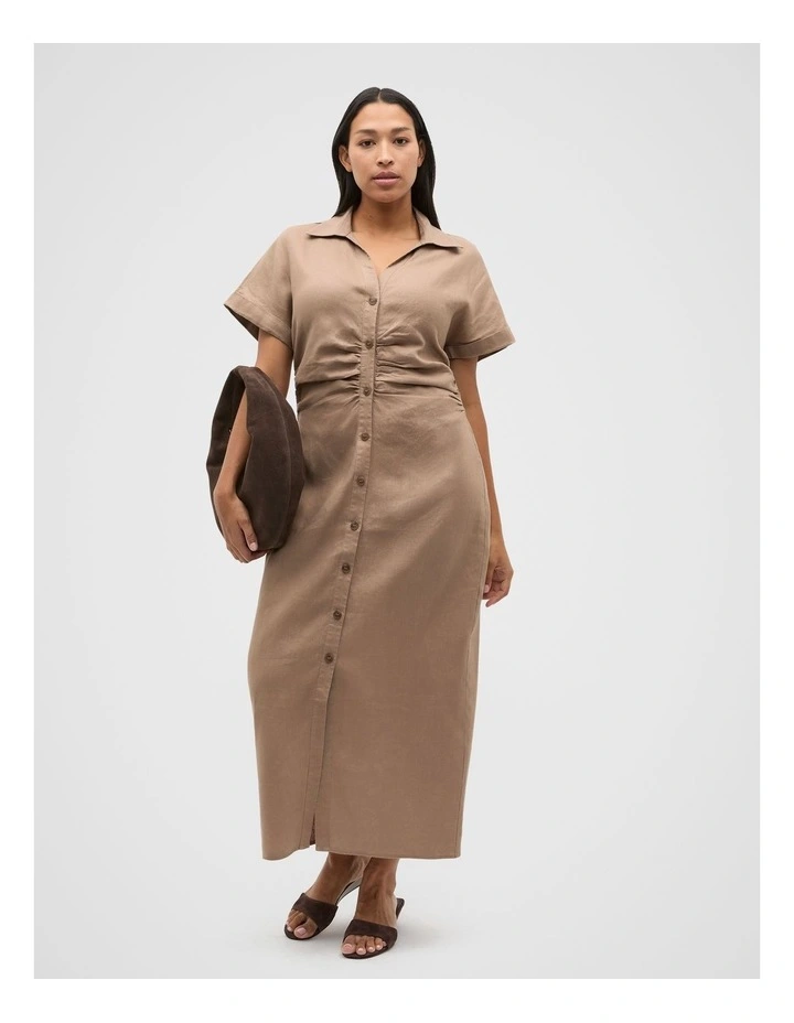 Linen Ruched Shirt Dress in Nutmeg image 5