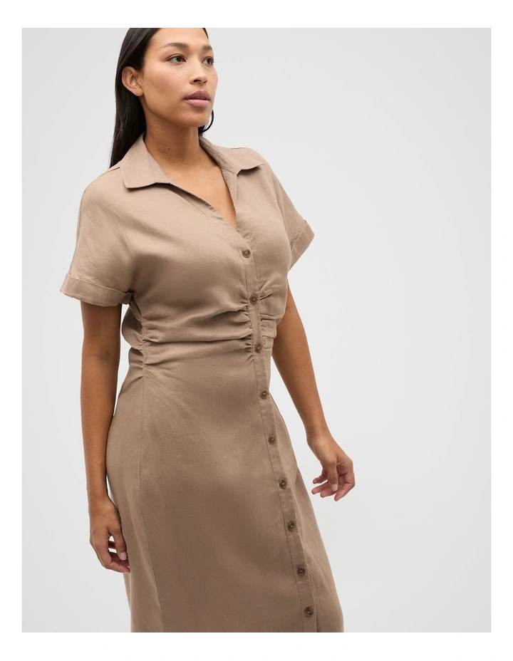 Linen Ruched Shirt Dress in Nutmeg image 7
