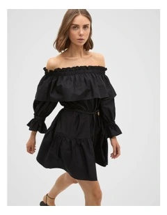 Voile Off Shoulder Ruffle Dress in Black