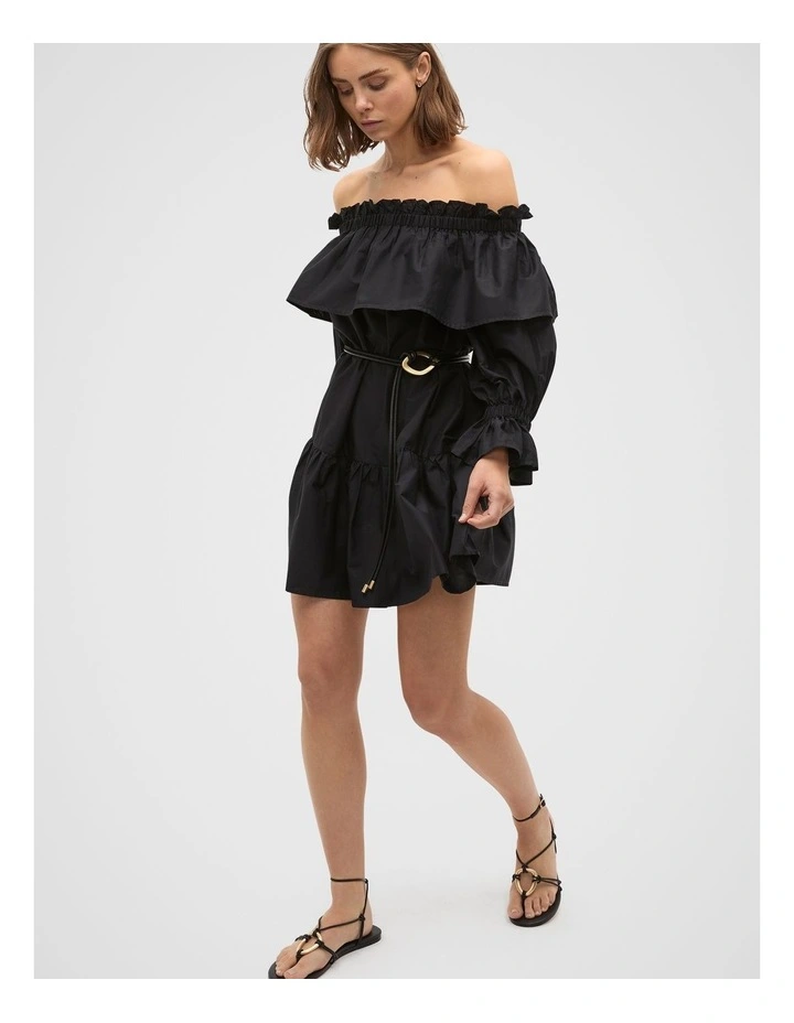 Voile Off Shoulder Ruffle Dress in Black image 4