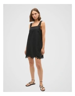 Linen Embroidered Mini Dress in Black