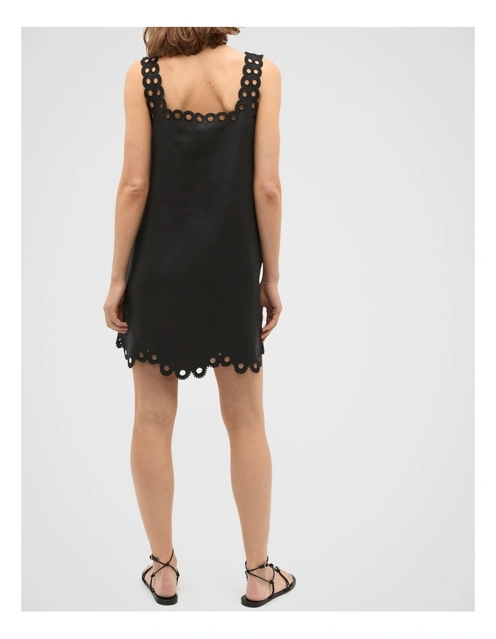 Linen Embroidered Mini Dress in Black image 2