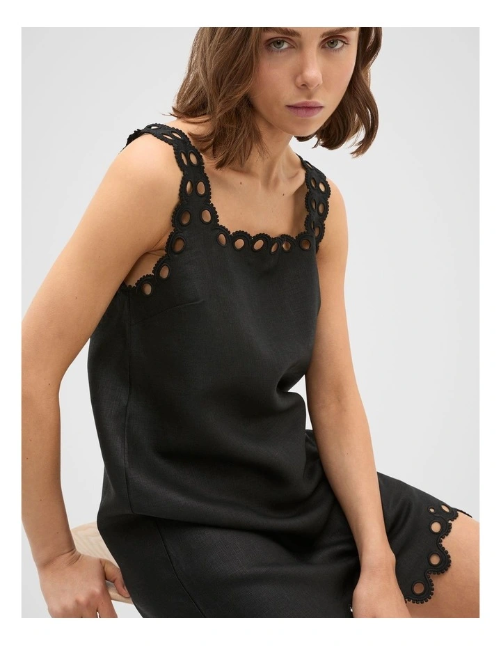 Linen Embroidered Mini Dress in Black image 3