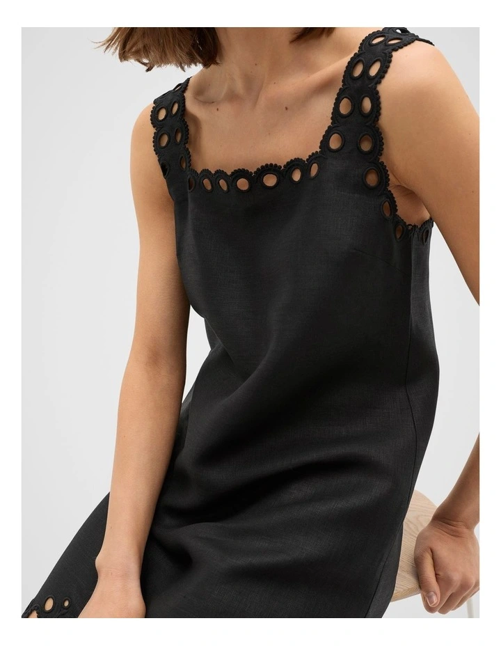 Linen Embroidered Mini Dress in Black image 4