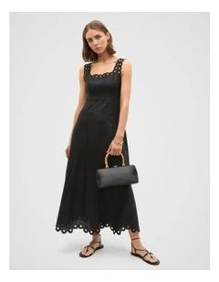Linen Embroidered Midi Dress in Black
