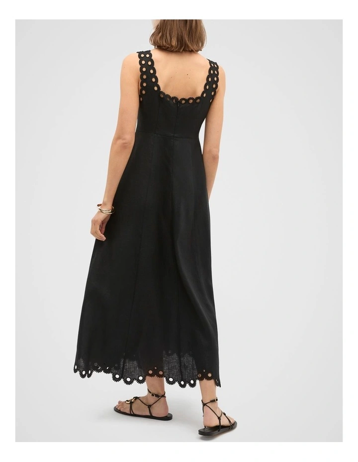 Linen Embroidered Midi Dress in Black image 2