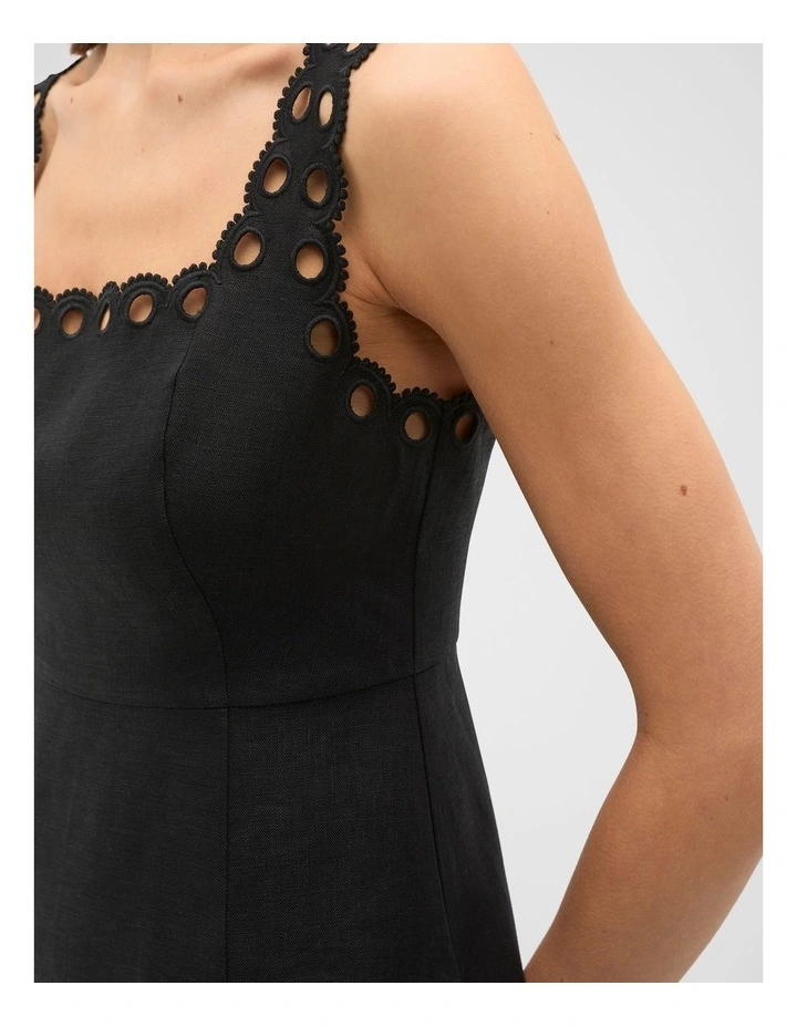 Linen Embroidered Midi Dress in Black image 3