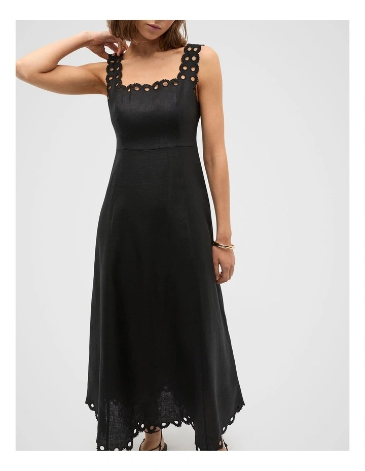 Linen Embroidered Midi Dress in Black image 4