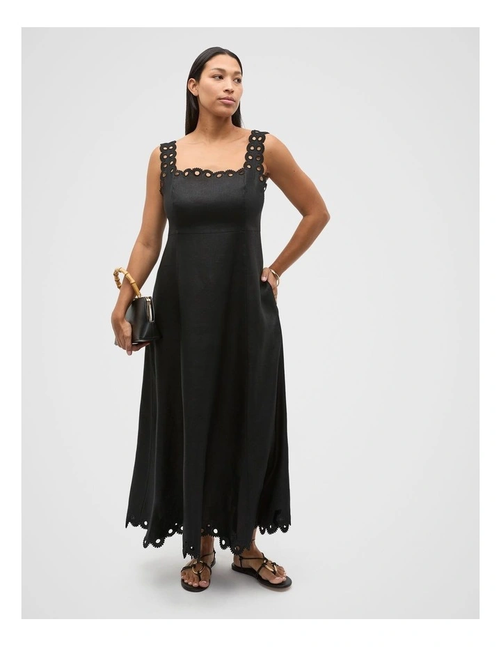 Linen Embroidered Midi Dress in Black image 5