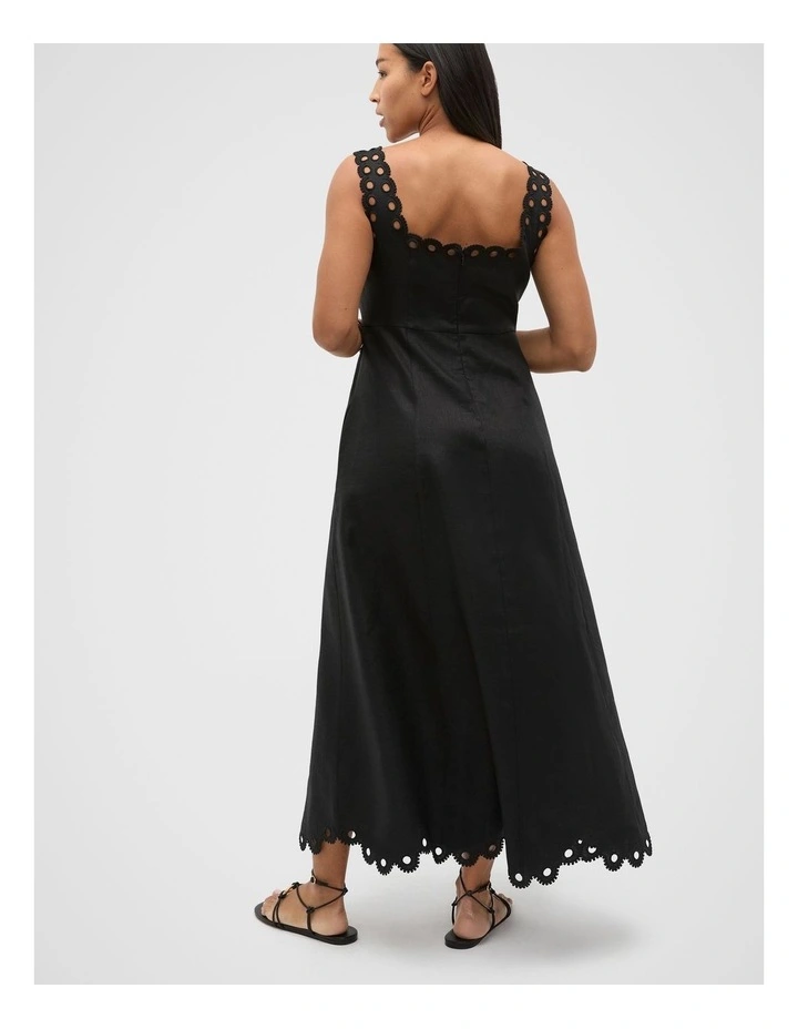 Linen Embroidered Midi Dress in Black image 6