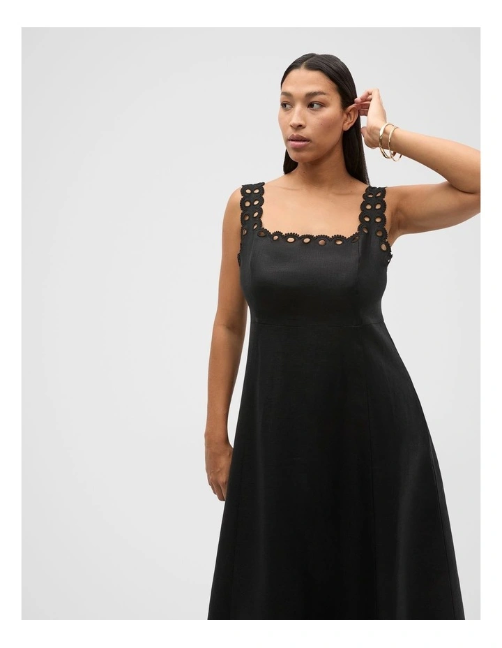 Linen Embroidered Midi Dress in Black image 7