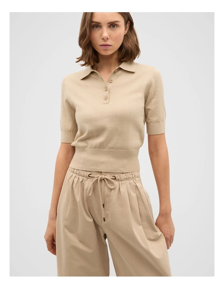 Knit Polo Top in Iced Latte image 1
