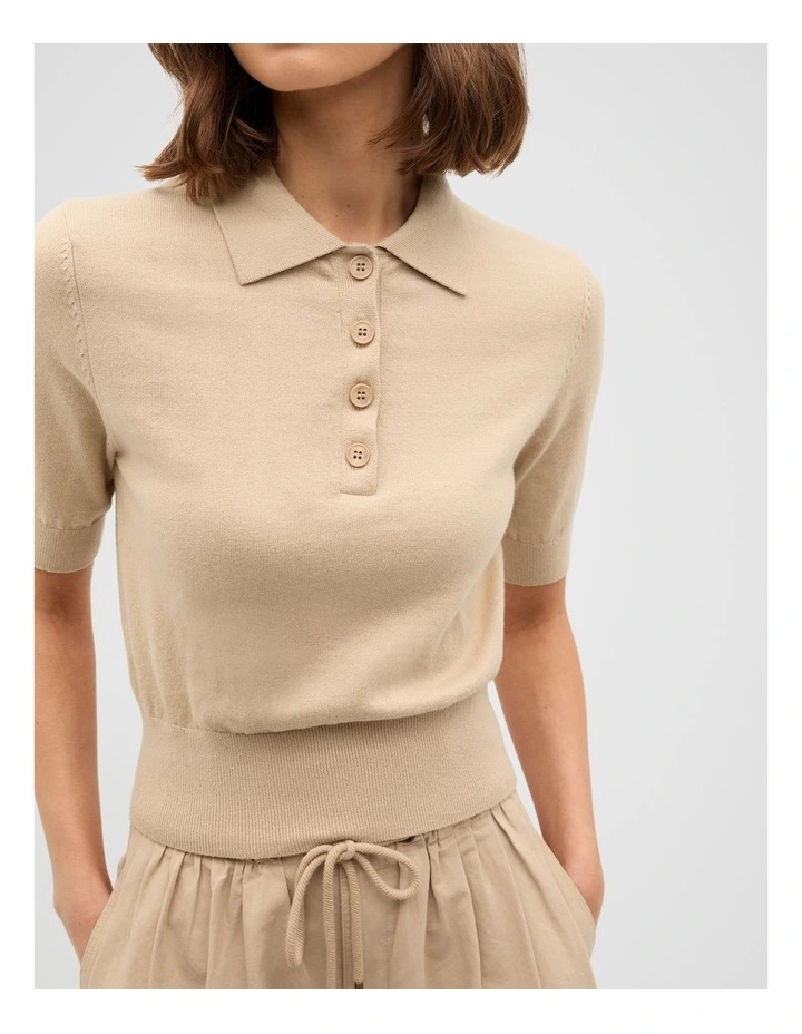 Knit Polo Top in Iced Latte image 3