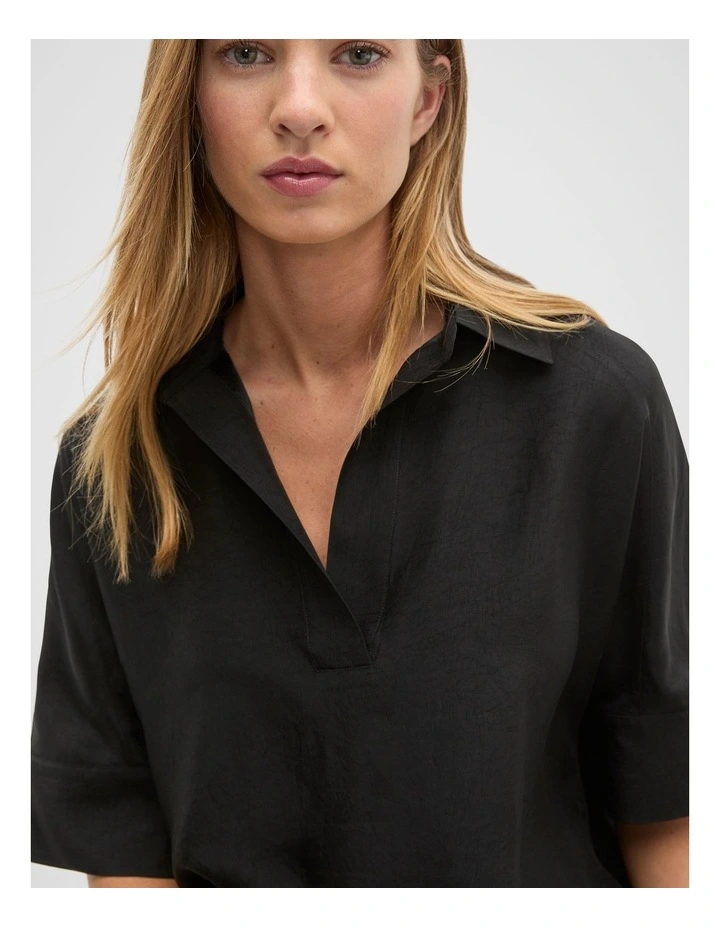 Crinkled Satin Collared Popover in Black image 4