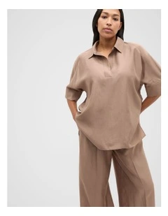 Crinkled Satin Collared Popover in Nutmeg